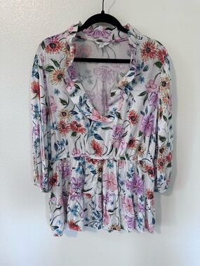 Crown & Ivy Womens 1X Floral Peasant Blouse Ruffle Neck Boho Long Sleeve